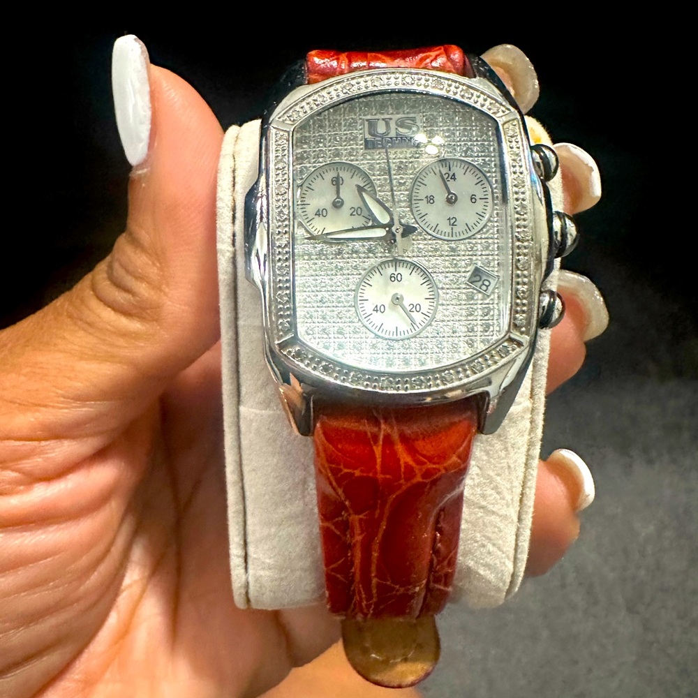 US Techno Silver Watch with Red Leather Strap
